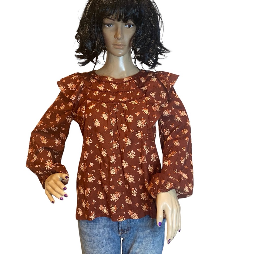 Madewell Ladder-Trim Ruffle Top in Homestead Bouquet Floral Mahogany Size XS VGC
